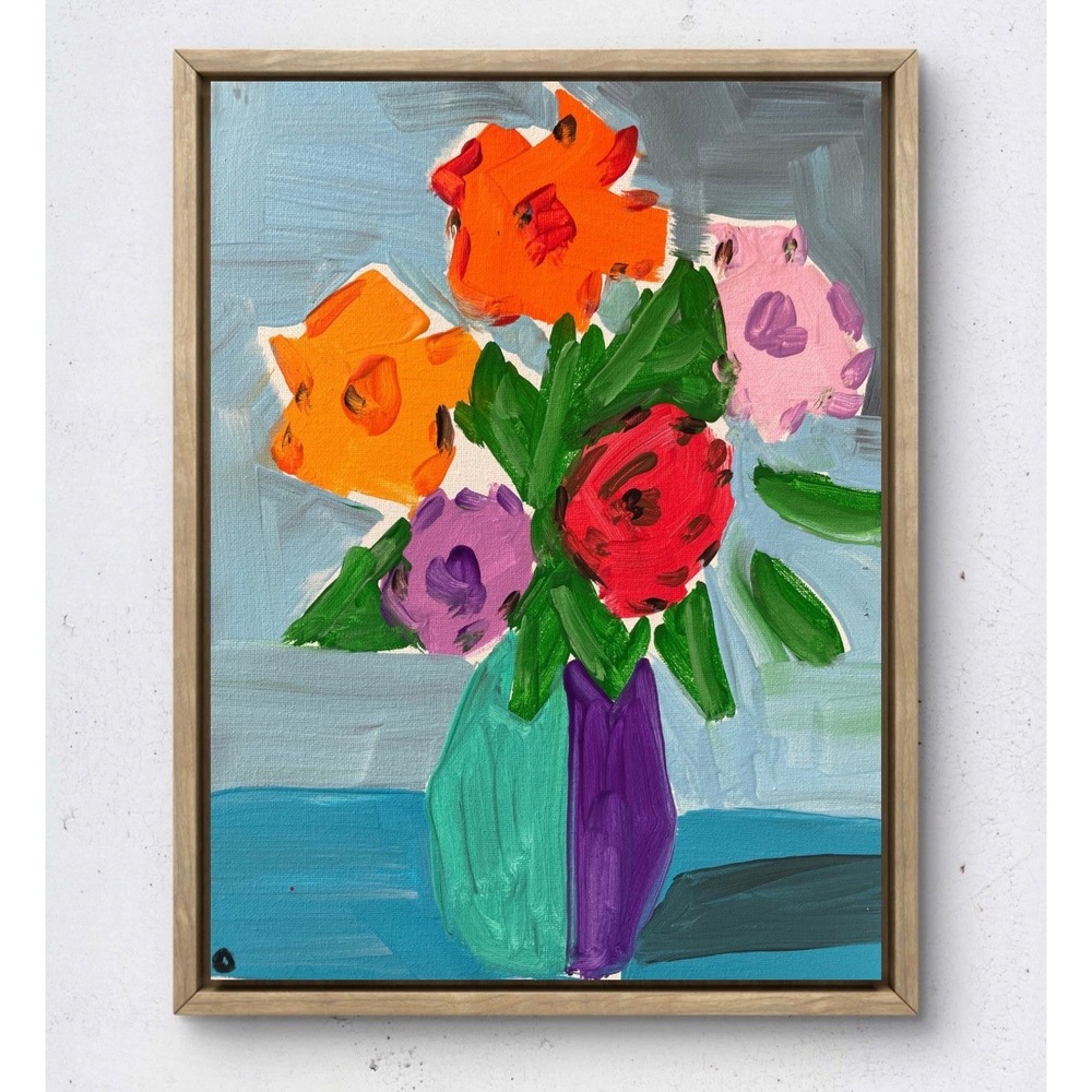 OMAN Original Colorful Botanical Painting 11x14 Vibrant Bouquet Canvas Wall Art